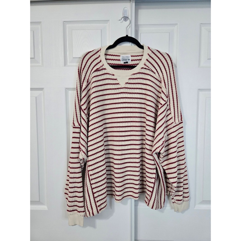 American EagleCream and Red Waffle Knit Striped Oversized Thermal Knit Top L